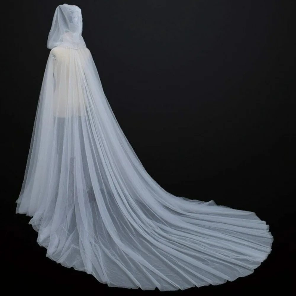 Solid Color Halloween Hooded Tulle Cape Floor Length Long Mesh Cloak Soft Lightweight Cosplay Bridal Costume Renaissance Party