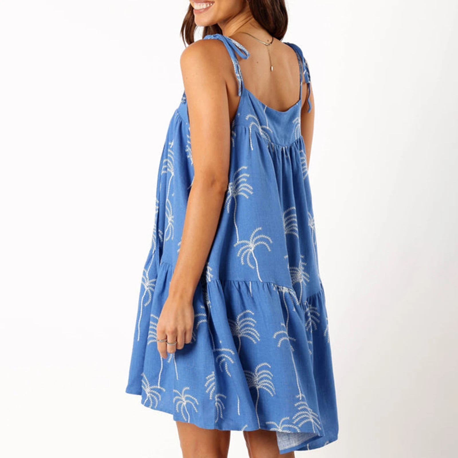 Robe de plage camisole à bretelles fines pour femmes, imprimé AMP Tree, bretelles spaghetti, col en V, dos nu, mini robe trapèze fluide