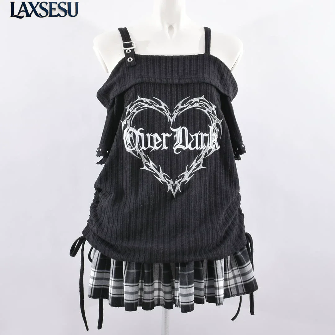 Subcultural Dark Punk Gothic Mass Production Y2k Top Love Embroidery Versatile One Shoulder Short Sleeve T-shirts for Women