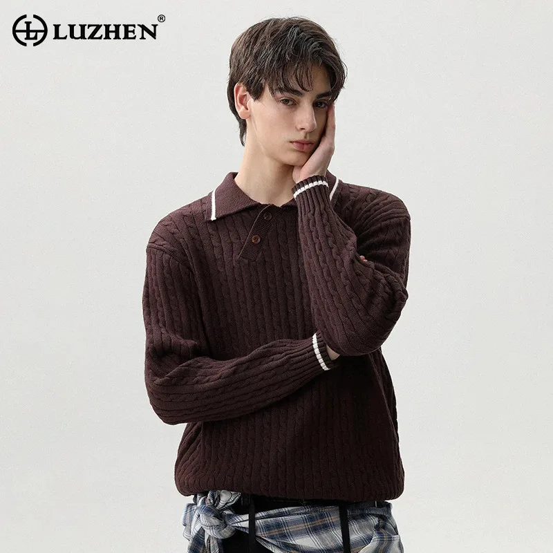 

LUZHEN Fashion Elegant Handsome Long Sleeve Buttoned Slant Lapel Knitted Pullover Men 2025 Autumn Winter Original Sweater JY4255