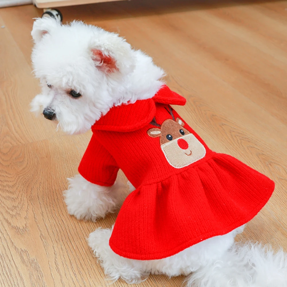 Autumn Winter Pet Dog Clothes Warm Plush Christmas Elk Couple Dress Red Skirt Hoodies Dog Clothes Sweater Warm Puppy Outfits