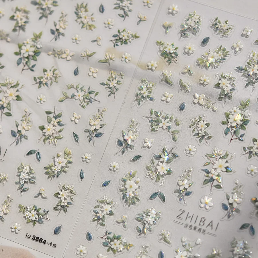 1pcs 5D Glitter Jasmine Flower Nail Stickers Kawaii Embossed Flower Self-Adhesive Nail Art Decorations Decal Manicure Tools DIY