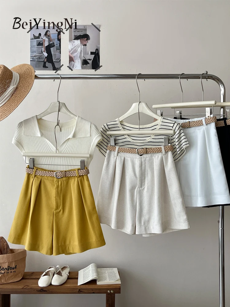 Beiyingni 2025 Korean Summer Women's Shorts Belted Casual Cotton Linen Vintage Harajuku Wide Leg Short Pants Female White Chic