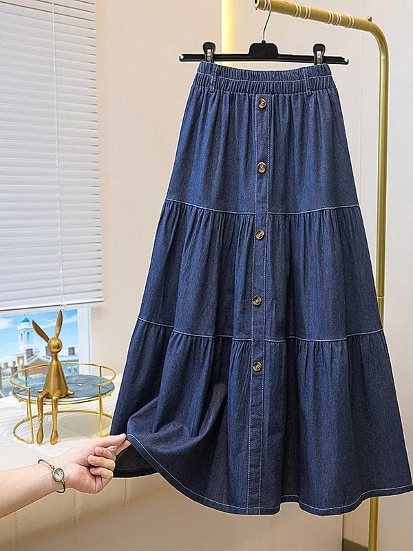 

Summer 2025 High Waist A-Line Denim Skirt Women's Commute Sle Pleated Pure Color Mid-Length Skirts