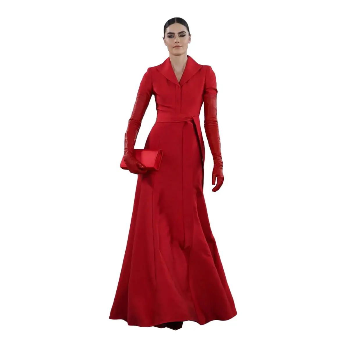 Vintage X-long Jacket With Belt Vintage Red Full Sleeve Women Dress Formal Prom Daily Casual Office Lady Gown Custom Made