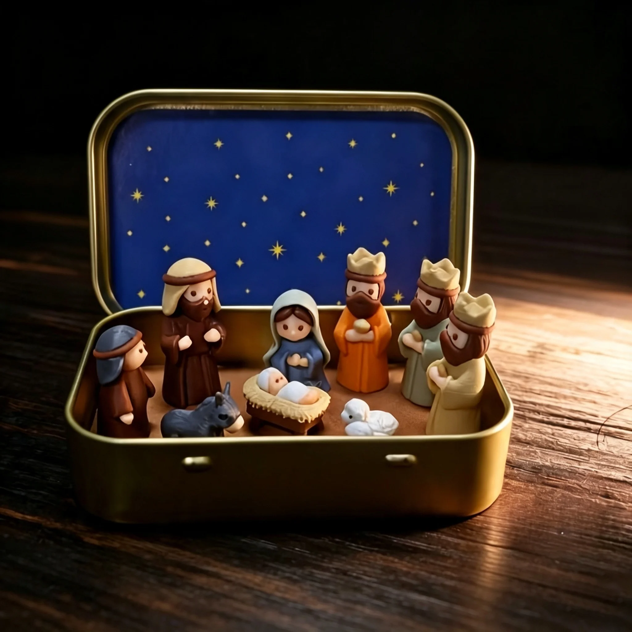 Mini Xmas Manger Set Iron Box, Pocket‑Size Nativity Scene with Mary Jesus Shepherd Animal Figurines, Xmas Easter Gift Decor