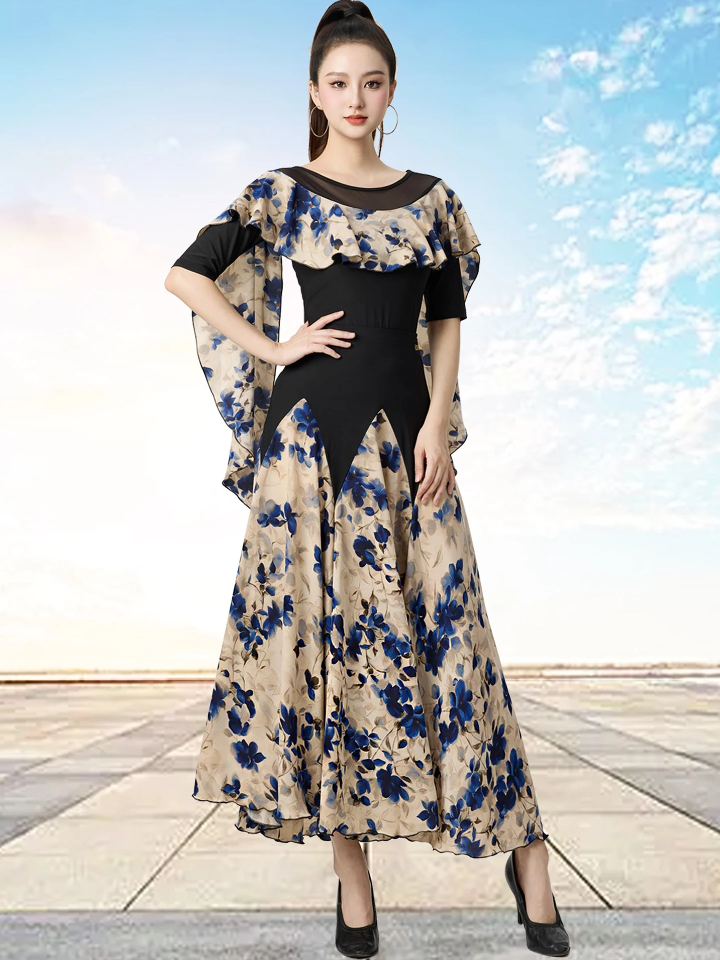 2025 ใหม่ผู้หญิงพิมพ์กระโปรงโมเดิร์นเต้นรํากระโปรงฝึกเสื้อผ้า Chacha Rumba Tango ผู้ใหญ่หญิงห้องบอลรูมเต้นรํา DQL11273