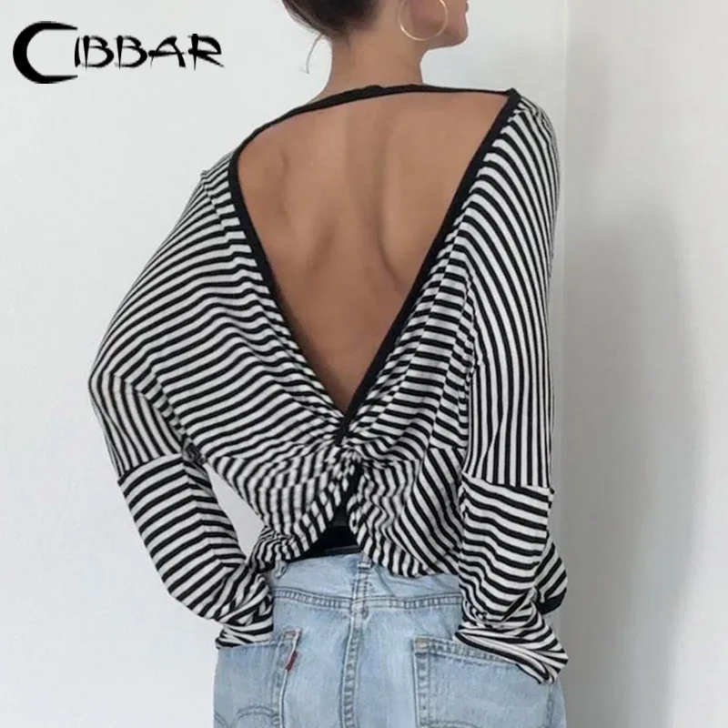 CIBBAR Fashion Backless T-shirt y2k Streetwear Full Sleeve Off-shoulder Crop Top Harajuku Striped Loose Autumn Tee Office Ladies