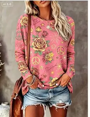 Women Long Sleeve T‑Shirt Hippie Daisy Butterfly Peace Sign Print Crew Neck Loose Casual Daily Tops - view 4