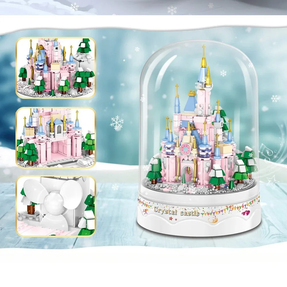 Music Snow Castle Mini Building Blocks Toys Includes Fan & Music DIY Snow Effect Acrylic Dustproof Cover Perfect Home Decor Gift