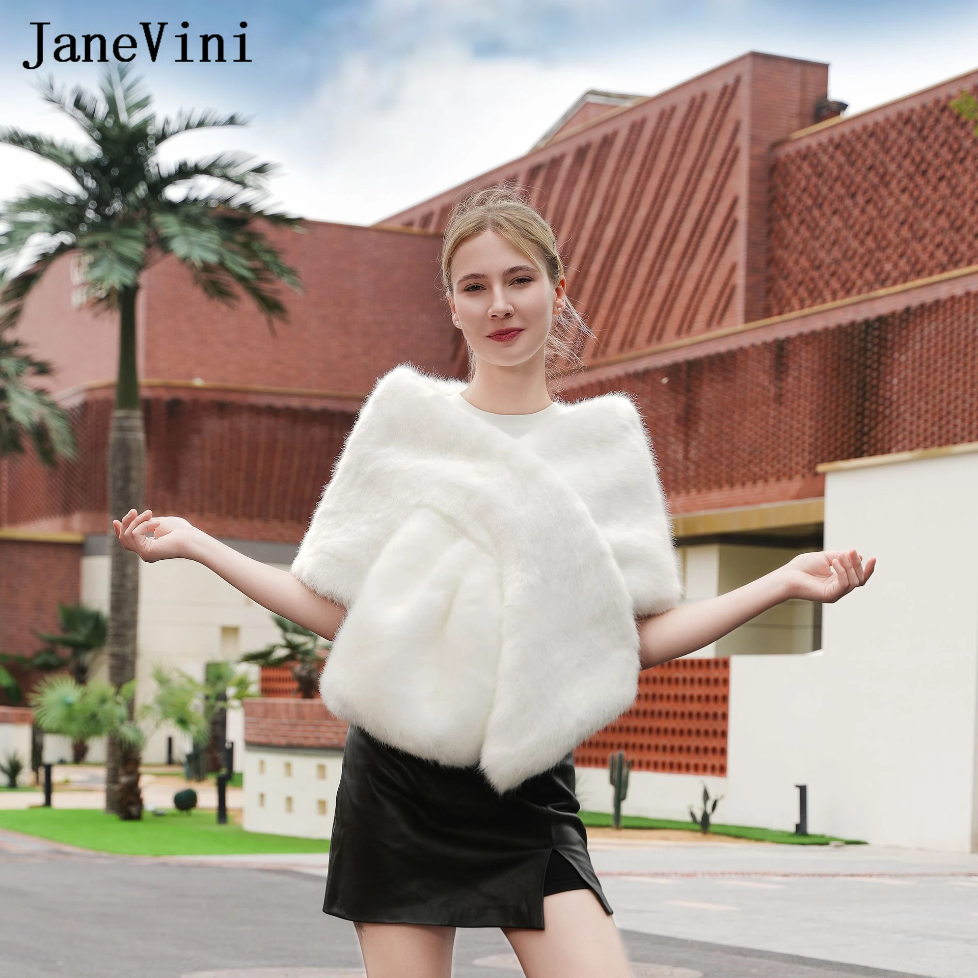 

JaneVini Hot Selling Ivory Faux Fur Bridal Bolero Shawl Bride Wedding Capes Women Fur Wraps Shoulder Cover étole femme mariage