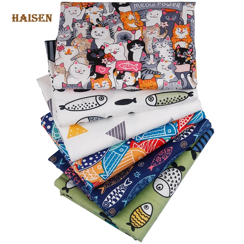 Haisen,Cartoon Kitten Eats Fish Printed Cotton Fabric Twill Cloth,DIY Sewing Quilting Sheet Home Textiles Material ForBaby&Child