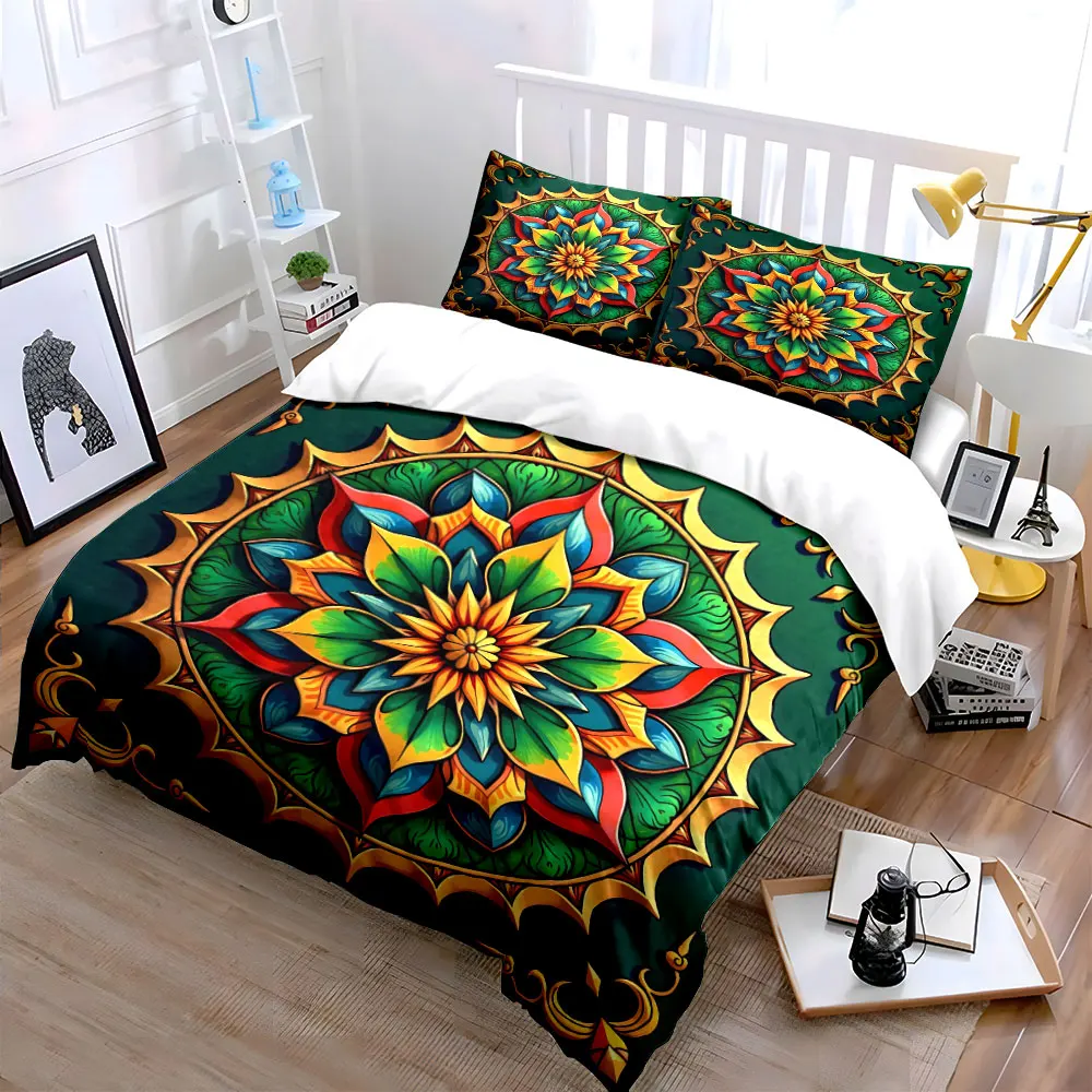 Gold Trim Colorful Lotus Mandala Duvet Cover Set, Dark Green Bohemian Bedding Includes 1 Duvet Cover And 2 Pillowcase, Gift
