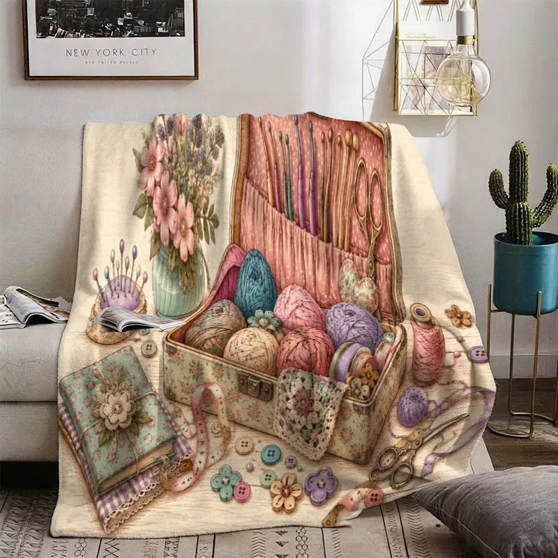 Super Soft Vintage Sewing Kit Throw Blanket Cottagecore Crafting Quilt Decor Floral Yarn Embroidery Hobby Picnic Textile Art