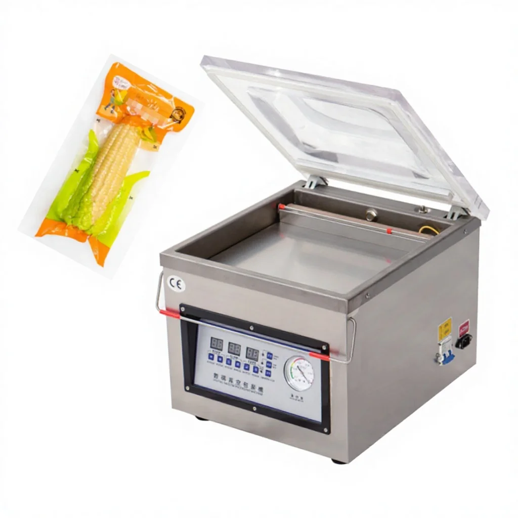 Desktop Small Single Chamber Vacuum Sealing Packing Machine For Meat Pizza Seafood Grains Beans Food Preservation