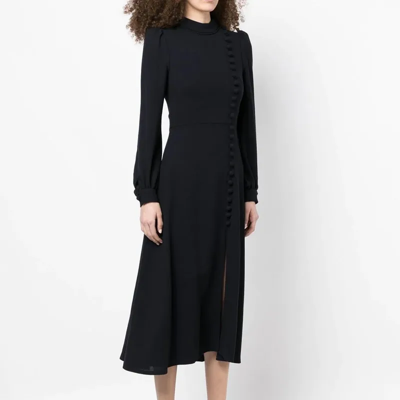 Long Sleeve OL Office Ladies Dresses Button Design Women Solid Dress