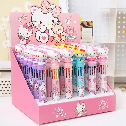 Imagen 2 del producto 36 unids/caja Sanrio bolígrafo de 10 colores Hello Kitty Kuromi bolígrafo para estudiantes bolígrafo Multicolor útiles escolares para estudiantes papelería