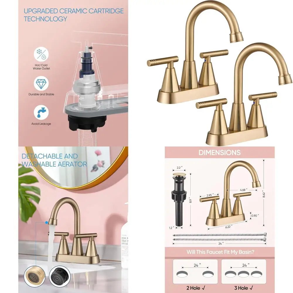 طقم صنبور حوض مركزي ذهبي مصقول مكون من قطعتين مع 3 فتحات و4 مساحات وصرف منبثق وخرطومين #1