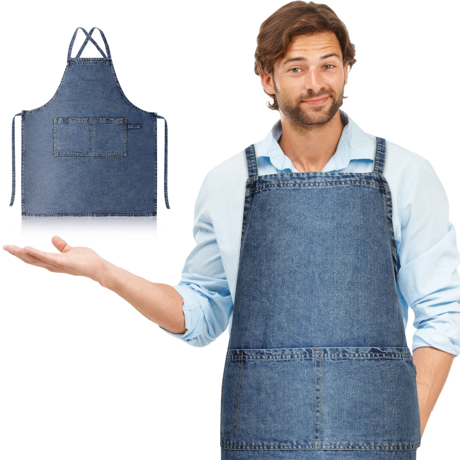 

1pc Heavy Duty Denim Apron For Women Adjustable Cross Back With Pocket Kitchen Cooking Baking Gardening Workwear Washable