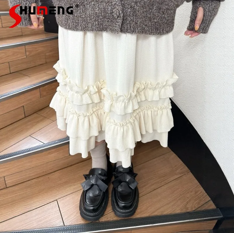 

Japanese Solid Color Skirts Rojita Multi-pleated 3D Ruffle Corduroy Elastic Waist A-line Sweet Cute Skirt Y2k Clothes For Women