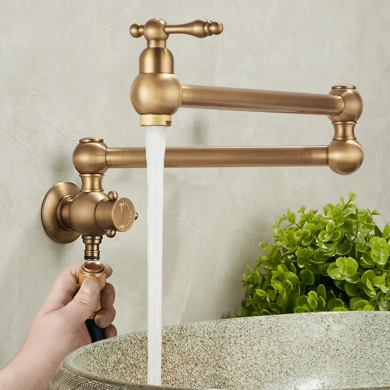 Riempitore per pentole Doppio beccuccio a snodo Pieghevole Estensibile Braccio oscillante Parete Rubinetto da cucina nero Rubinetto per lavello da cucina a due maniglie monoforo