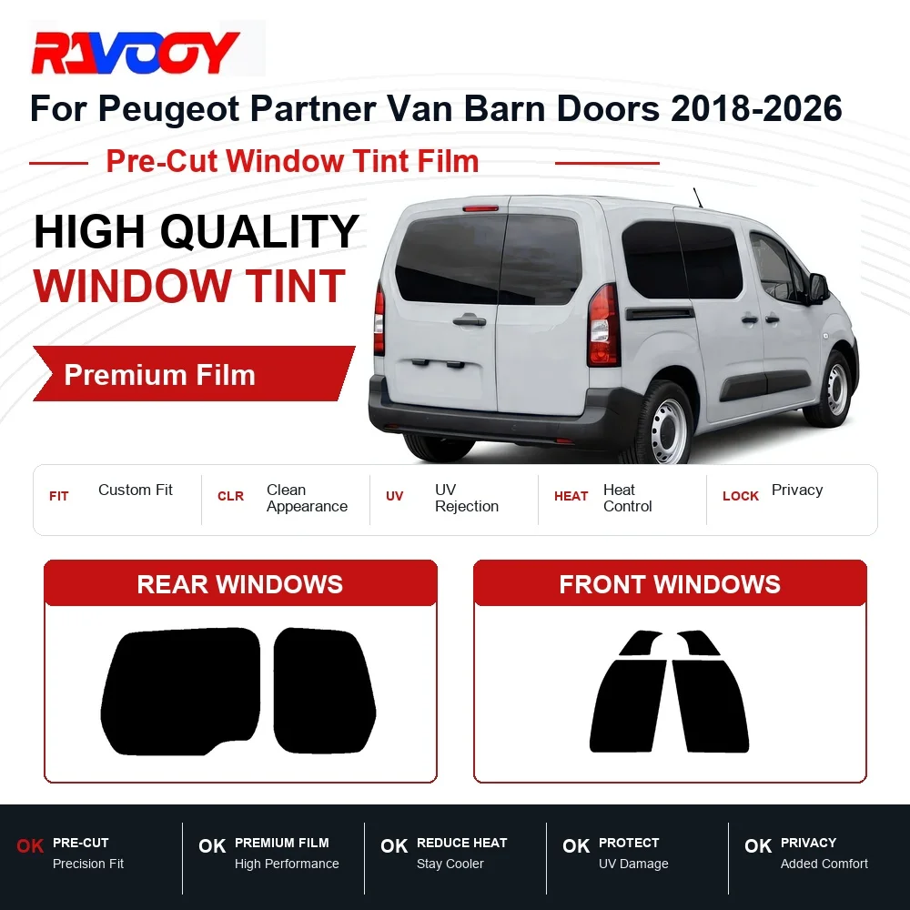 Premium Pre-Cut Window Tint For Peugeot Partner Van Barn Doors 2018-2026 Front & Rear Windows UV Heat Rejection Privacy Film