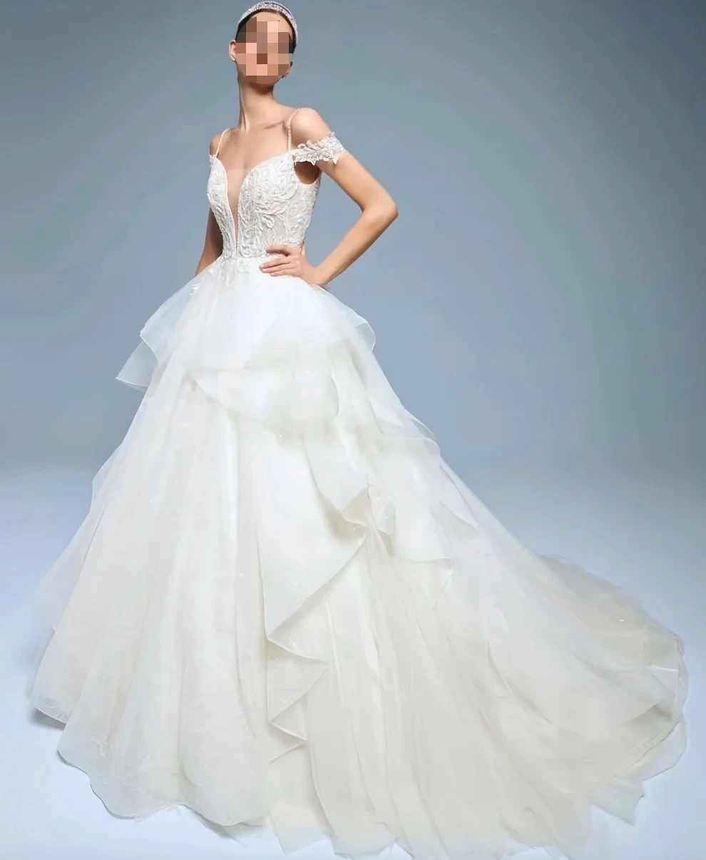 Customize elegant wedding V neckline, off-the-shoulder lace top, Omega chiffon dress, Women's wedding dress amanda novias Formal