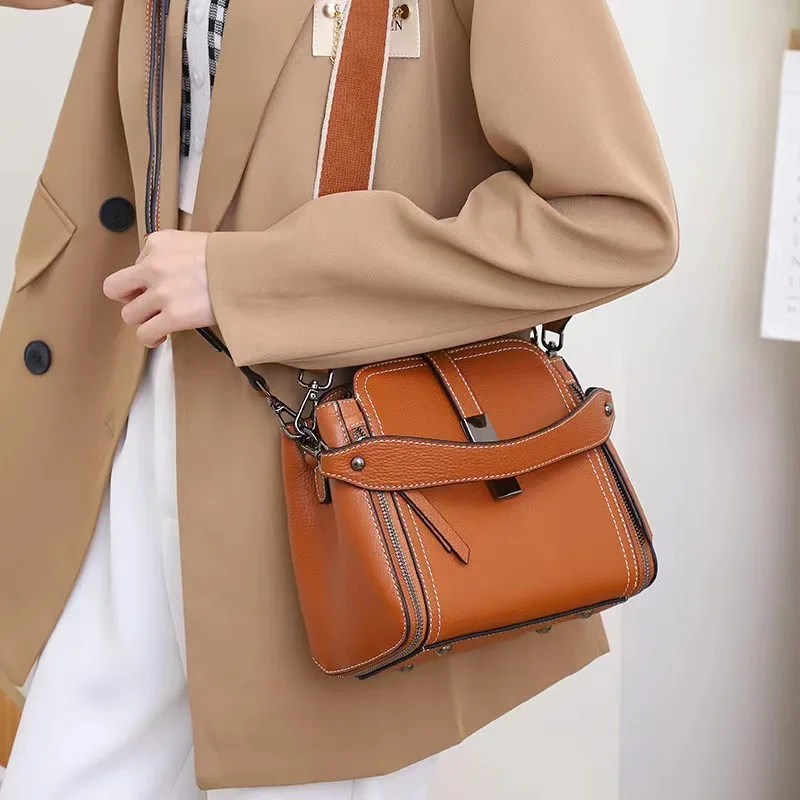 Top Layer Cow Leather 2024 New Versatile Fashion Women's Handbag High Quality Shoulder Bag Lady Commuting Crossbody Bucket Bag