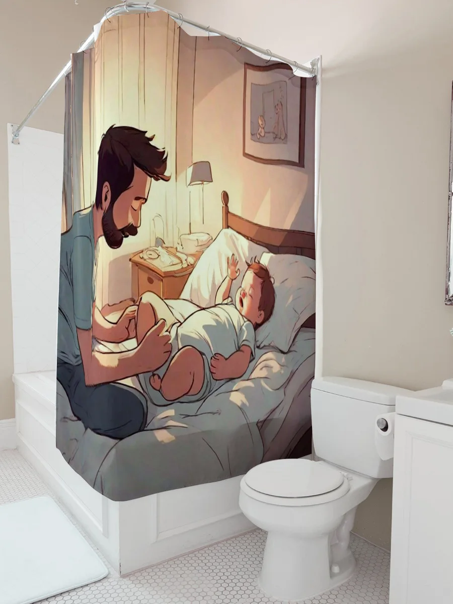 Father and Baby in Bed Waterproof Shower Curtain