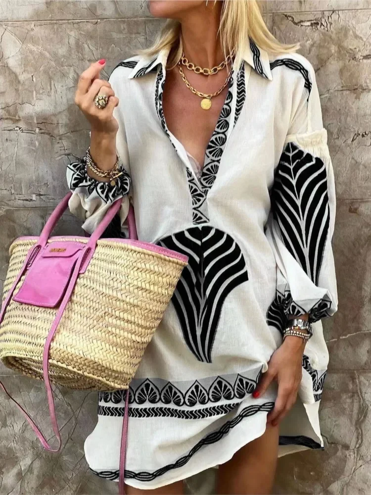 BWQ Casual Beach Vacation Long Shirts Midi Dress For Women Long Sleeve V-neck Top Female Summer Holiday Loose Lady Work Tops
