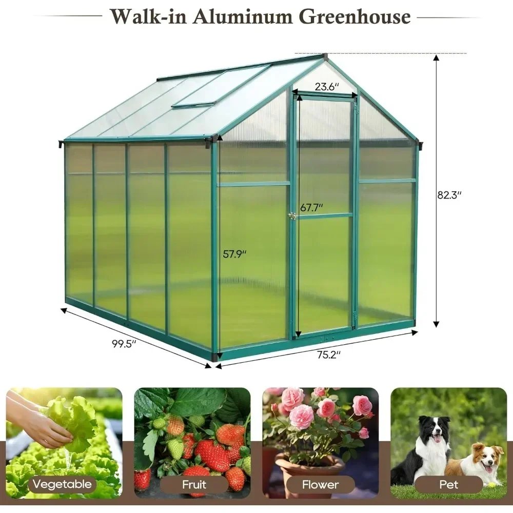 6'x 8' Greenhouse for Outdoors, Polycarbonate Greenhouse with Adjustable Roof Vent and Rain Gutter, Outdoor Aluminum Green House