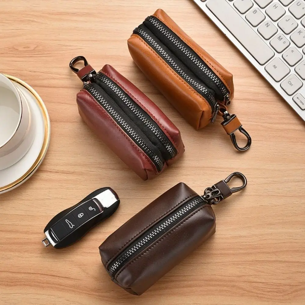 유니섹스 가죽 키 파우치 가방 더블 지퍼 다기능 동전 지갑 대용량 키 홀더 주최자 파우치 남성 여성