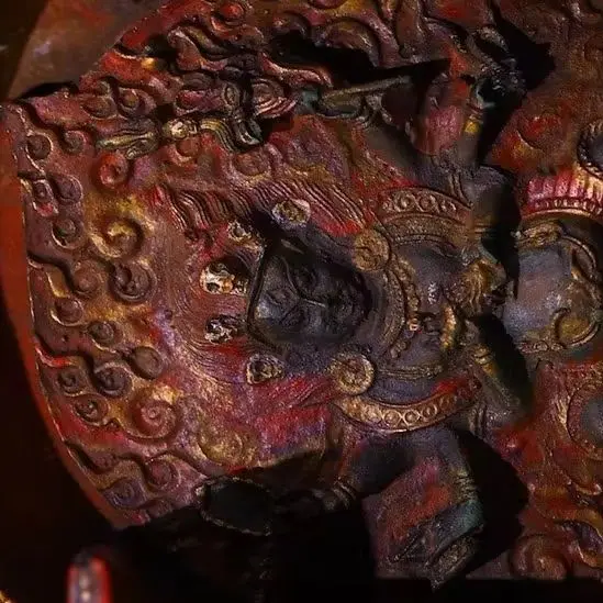 Old Bronze Turquoise Mosaic Gem Painted Six arms Mahakala Buddha Buddhist  Niche Town house Exorcism