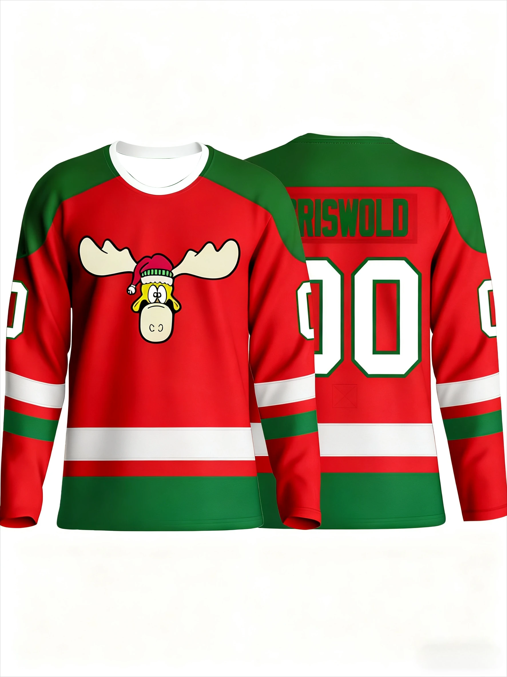 

Christmas - Themed Hockey Jersey - Red & Green with White Stripes Cartoon Moose Logo "Griswold 00" Print Festive Athletic Jersey