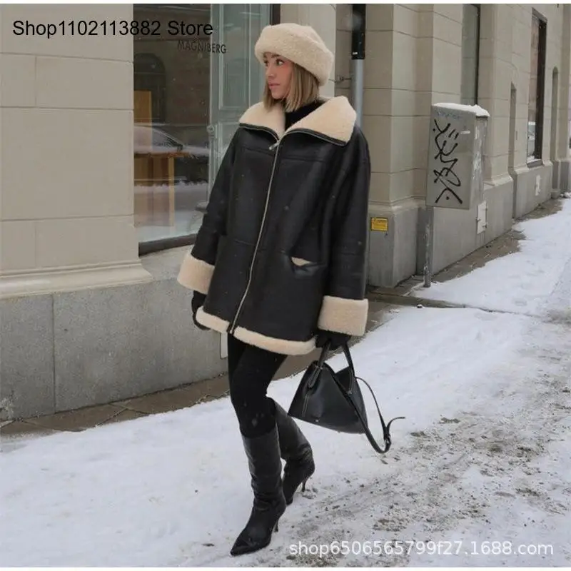 Women\'s Autumn and Winter Fashion Velvet Leather Fur Collar Composite Casual Coat Leather