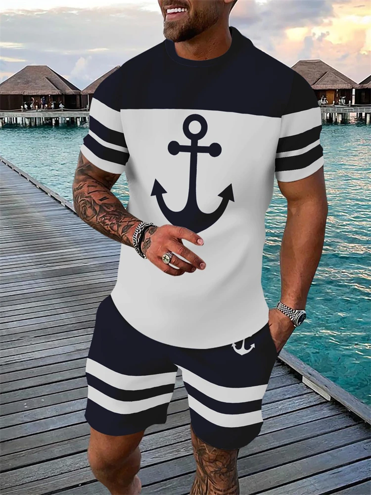 

Мужская летняя футболка из двух частей с круглым вырезом и короткими рукавами с принтом якоря и шорты на шнурке, повседневный уличный мужской комплект