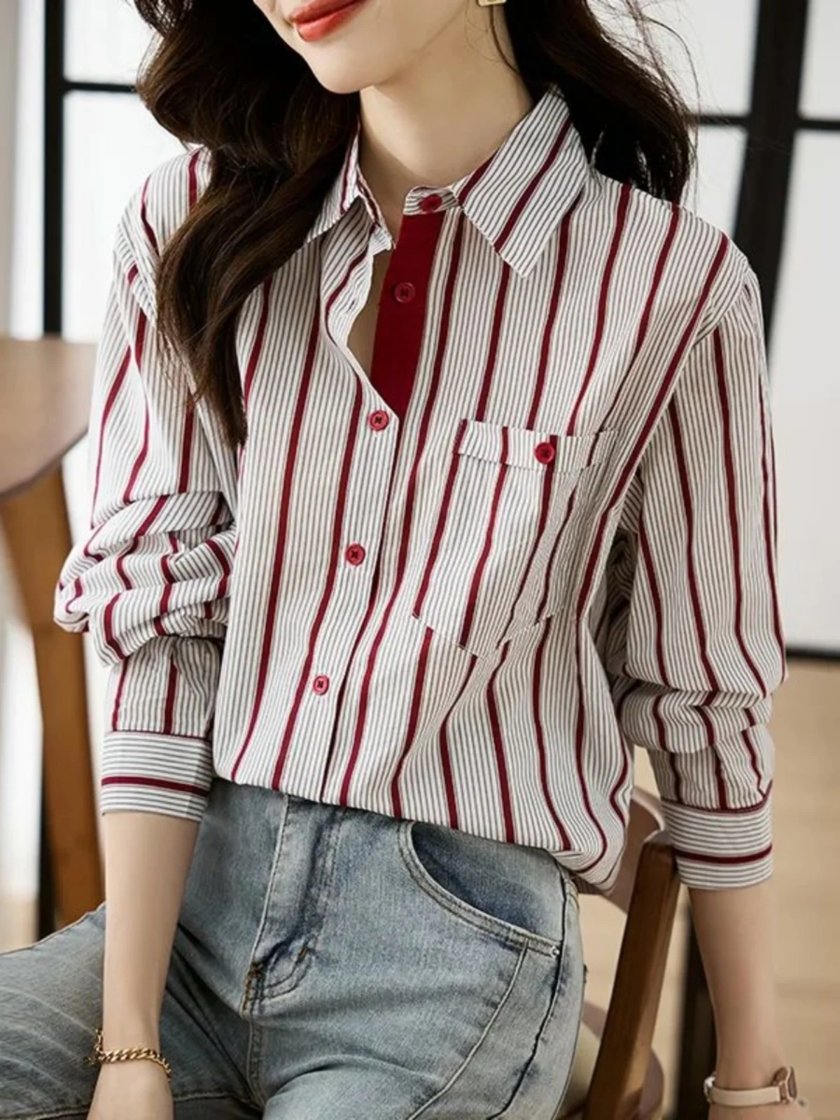เสื้อแขนยาวลำลองทรงหลวมสตรีทสเลเสื้อคอปกหลวมผู้หญิงแฟชั่นฤดูใบไม้ผลิความยาวแขนปกติ