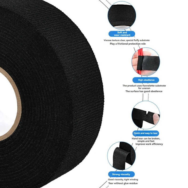 Black Car Flannel Tape Flame Retardant Insulating Adhesive Tape Velvet Harness Tape 9/15Mmx25m