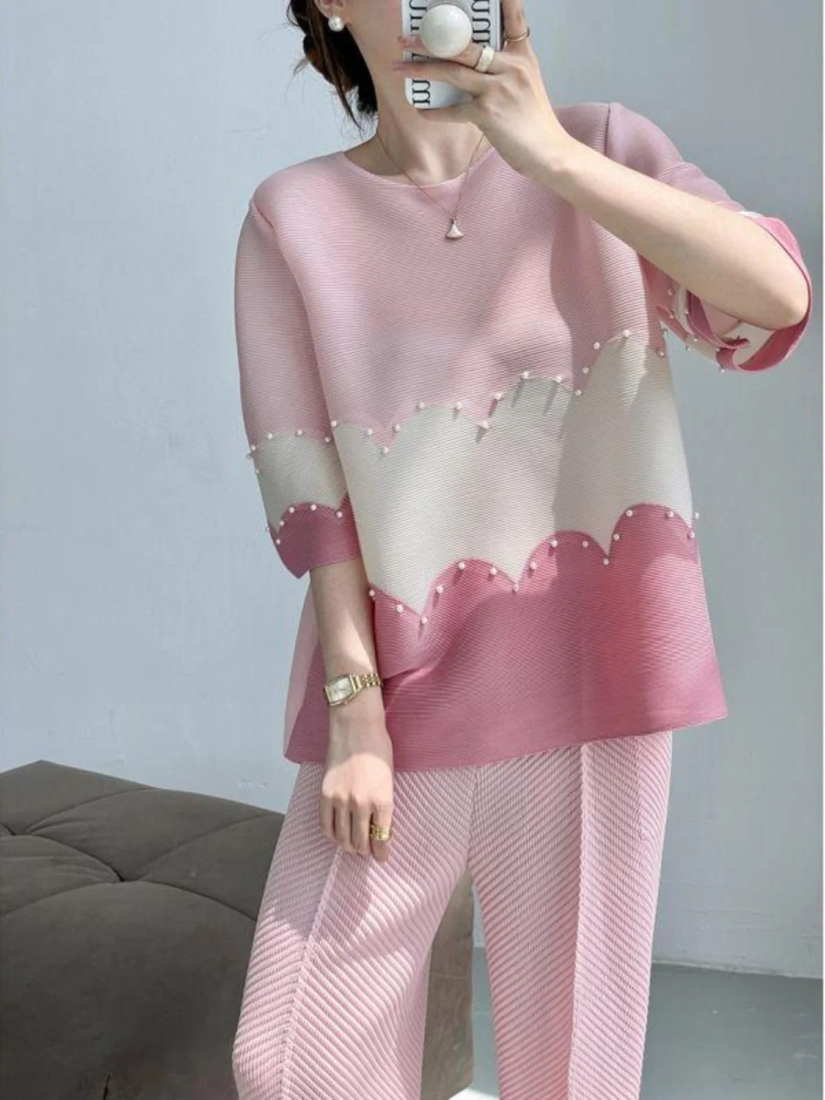 

Ele Pink для похудения сложенного цвета, круглая футболка свободного покроя с бисером, корейская футболка Sle Commute Faion из полиэфирного волокна