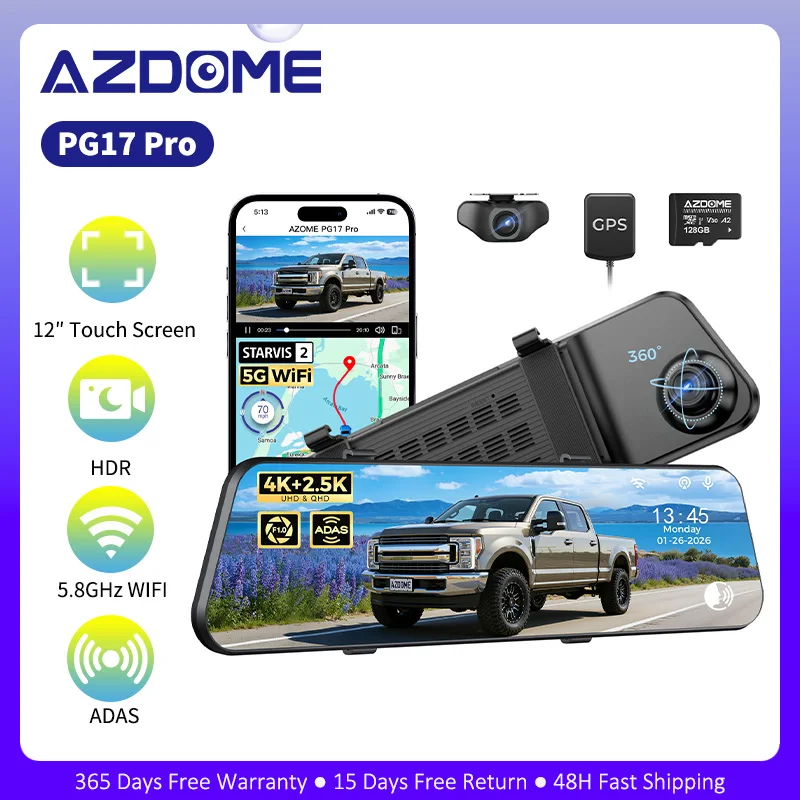 Câmera Veicular AZDOME PG17 Pro 4K+2.5K com Câmera Frontal e Traseira, HDR STARVIS 2, Espelho Retrovisor com Wi-Fi 5G, GPS e Controle por Voz