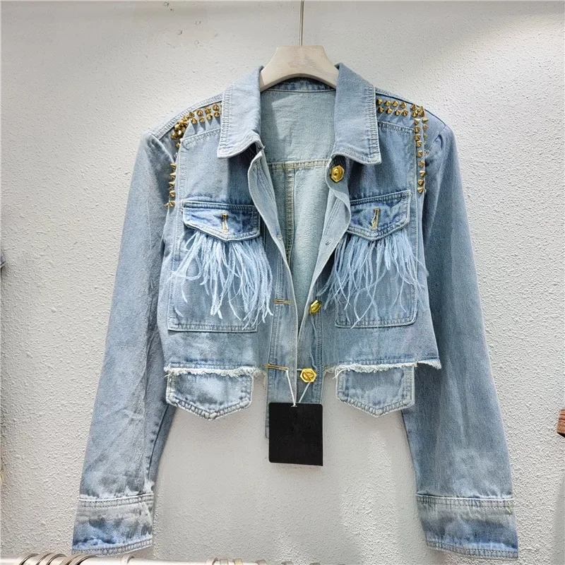 

Light Blue Short Denim Jacket Women Spring Fashion Feather Decoration Rivet Frayed Burrs Hem Lapel Long Sleeve Jeans Jacket Coat