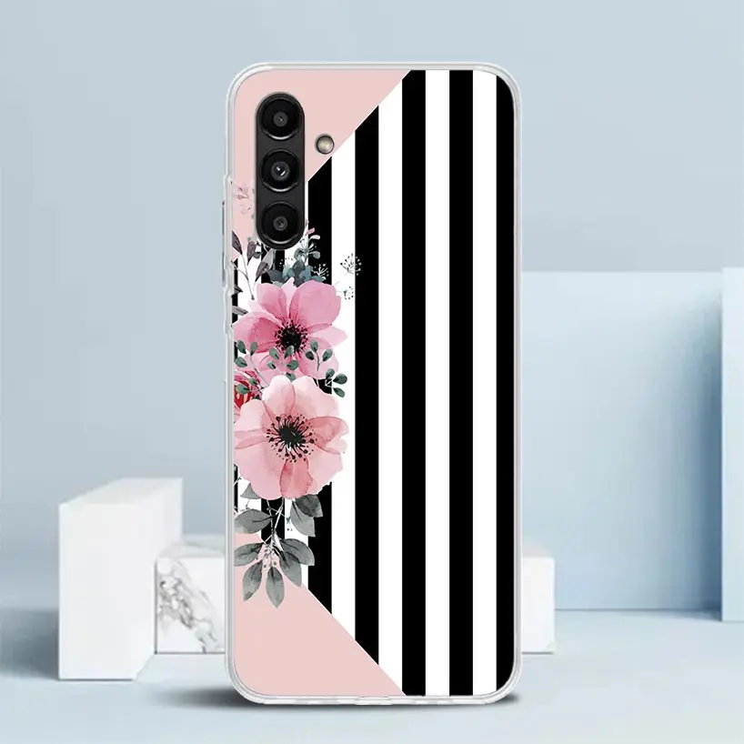 Black White Stripes Flower Phone Case For Samsung Galaxy A15 A14 A13 A12 A55 A54 A53 A52 A35 A34 A33 A32 A25 A24 A23 A22 A04S A0 image 5