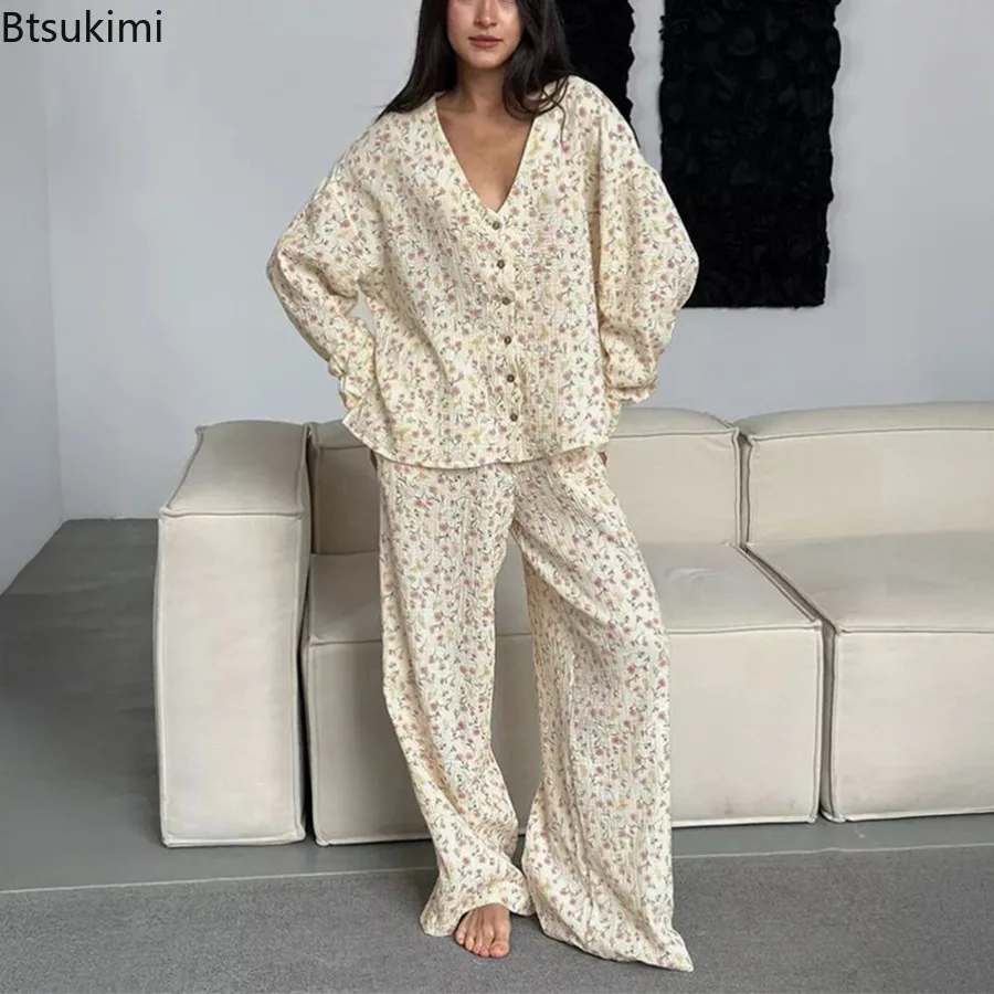 2025 Autumn Women's 100% Cotton Printed Cardigan Pajama Set Ladies Long Sleeved Pants Pajamas Loose Home Clothing Two Piece Set