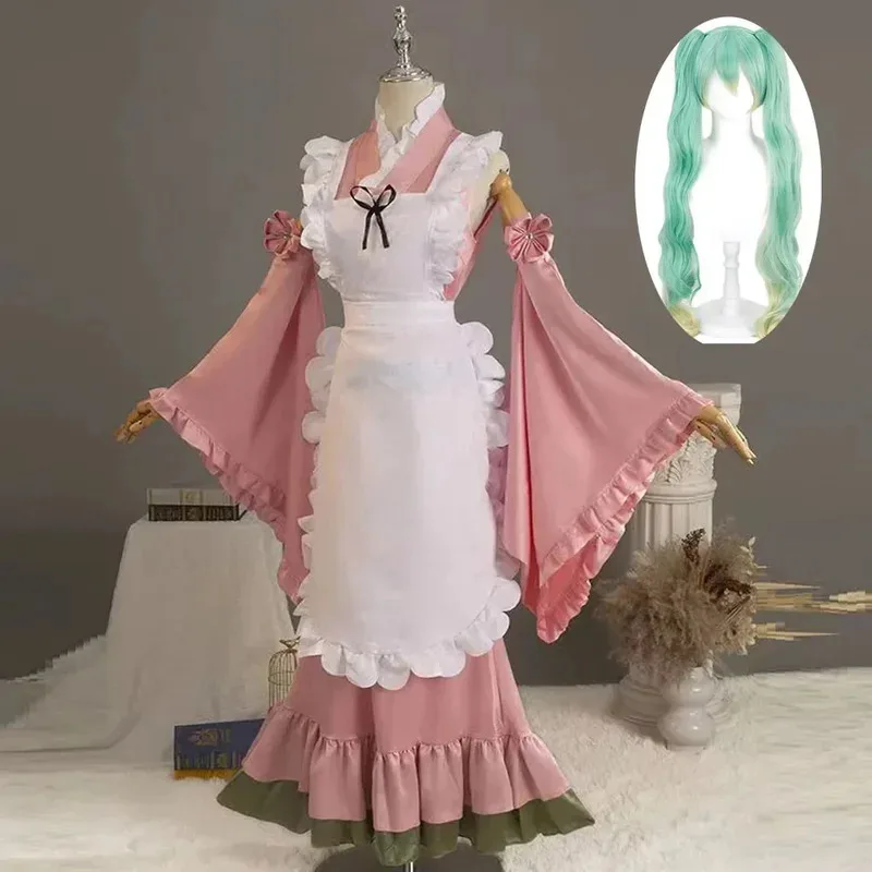 Neue Mikuu Matcha Sakura Rosa Cosplay Kostüm Parfait Schürze Lange und Weiten Ärmeln Kleid Mädchen Kimono Perücke Frauen Geburtstag Party Geschenk
