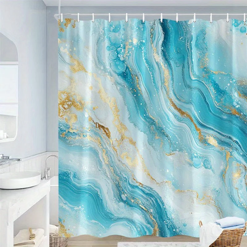 1pc Abstract Swirling Blue and Golden Shower Curtain - Fluid Marbled Patterns, Rich Turquoise & Pale Blue with Shimmering Golden