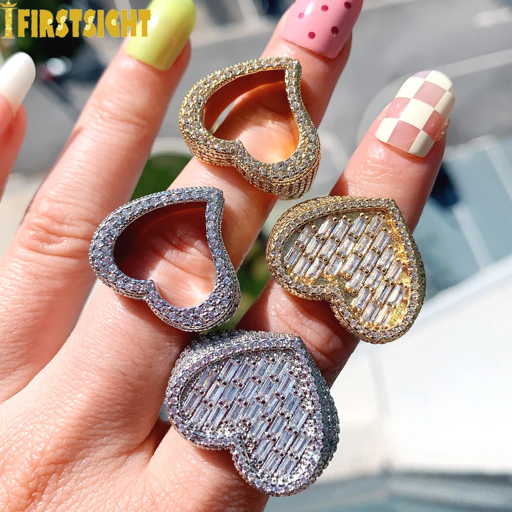 2023 New Iced Out Bling Big Heart Ring Rectangle 5A CZ Micro Pave Cubic Zircon Rings Hip Hop Punk Men Women Jewelry