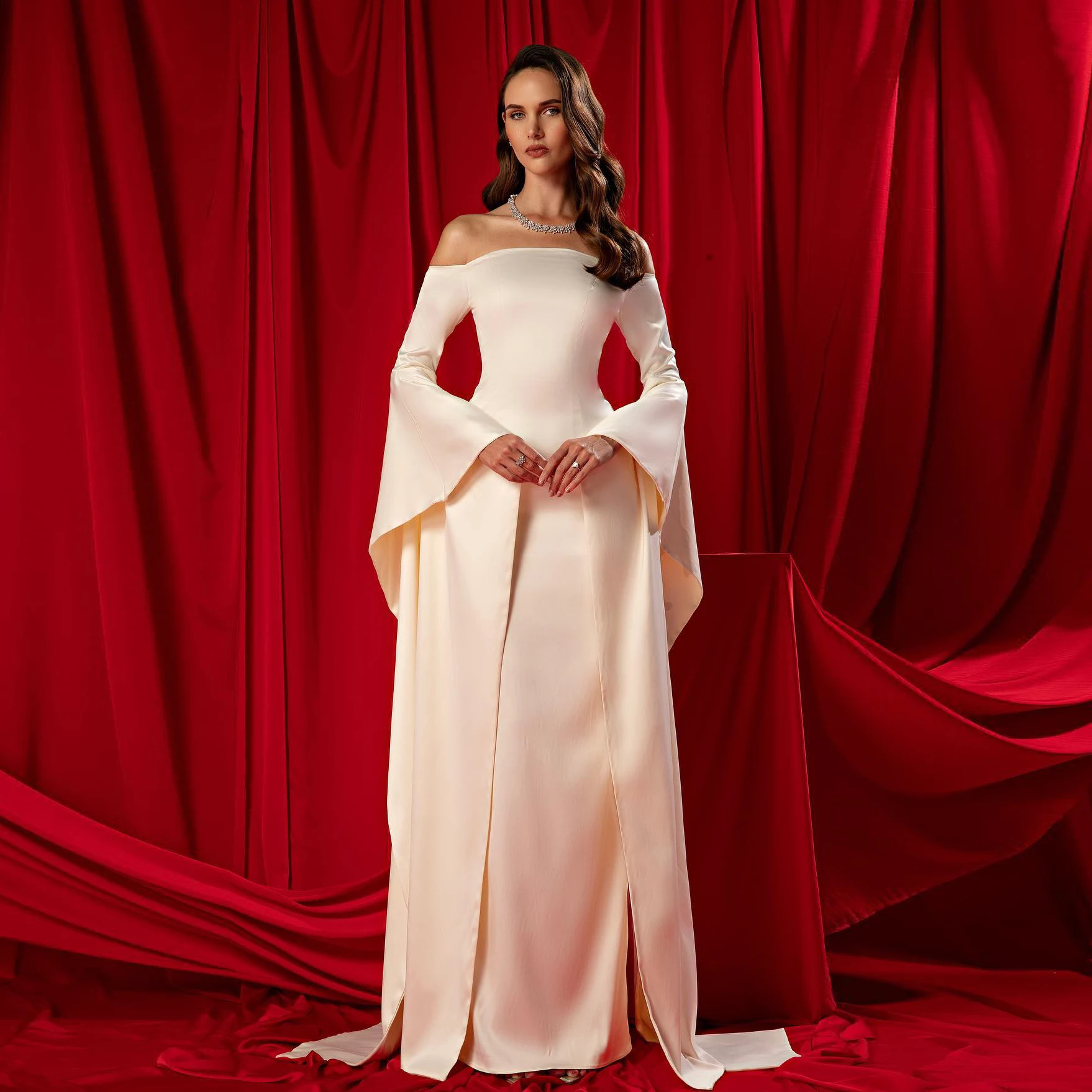 Sharon Said Custom Made Elegant Off Shoulder Straight Beige Satin Evening Dress For Women Wedding Floor Length SF050 Customized