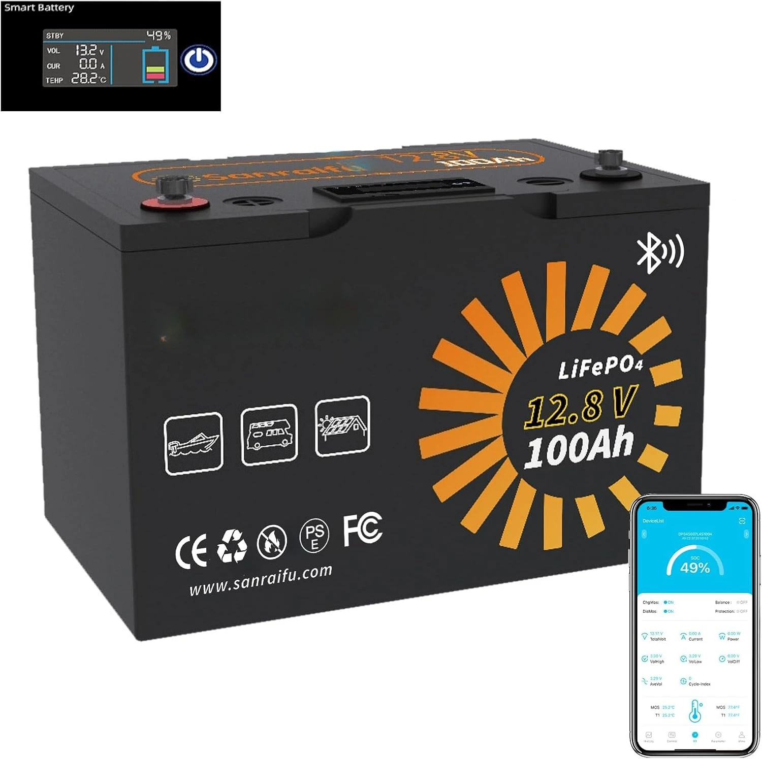 

12V 100Ah LiFePO4 Battery, 15000+ Cycles Rechargeable Lithium Battery,100A BMS, Bluetooth 5.0 & LCD Display
