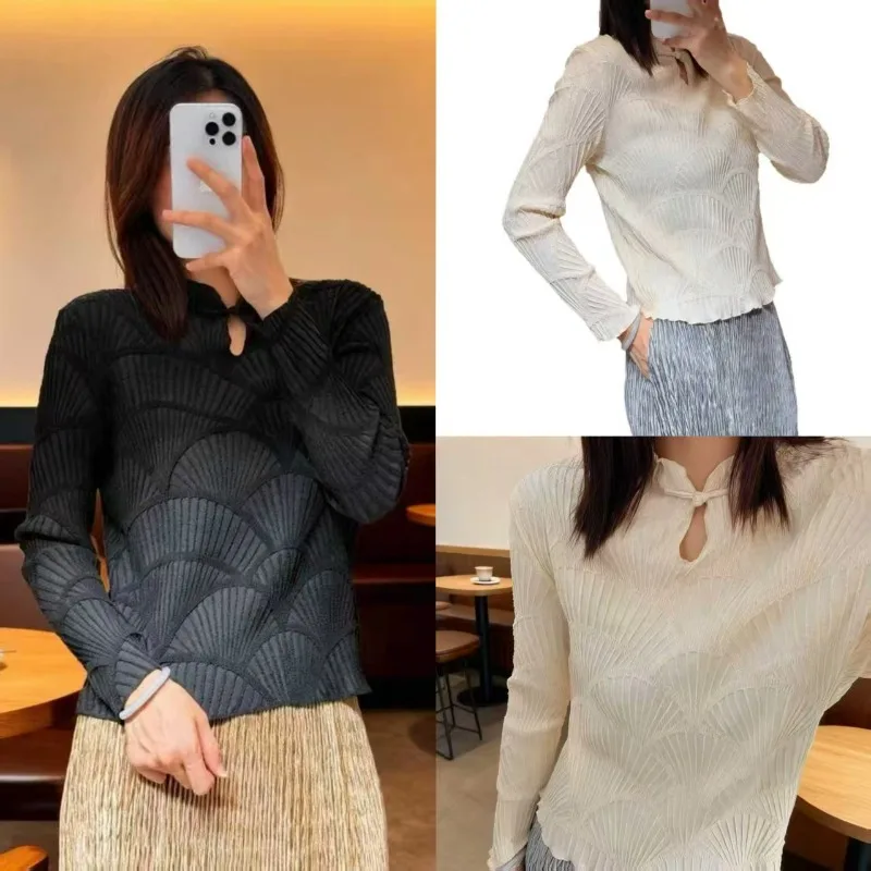 

Miyake Pleated Plisse T-shirt Stand-up Collar Blouse 2025 Fall and Winter Loose Bottoming Shirt Fashion Versatile Tops Female
