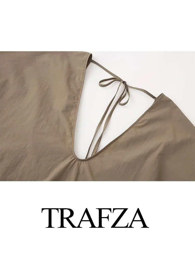 TRAFZA Women Vintage Khaki Blouse Back Lace-Up Long Sleeve V-Neck Shirt Loose Casual Top 2024 Summer Female Streetwear Tops TRAF